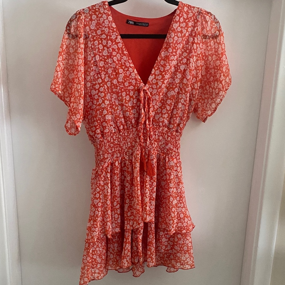 Zara Orange Floral V-Neck Dress